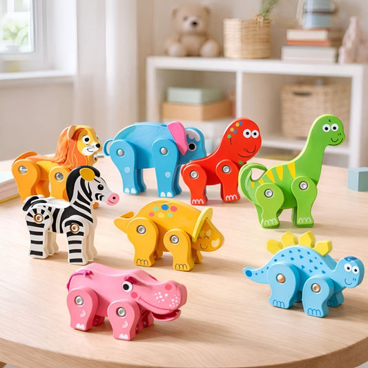 Wooden Animal Toys Set for Kids | Flexible Articulated Wooden Animals |Fine Motor Skills & Imaginative Play | Lion, Elephant, Dinosaur, Zebra, Hippo & More