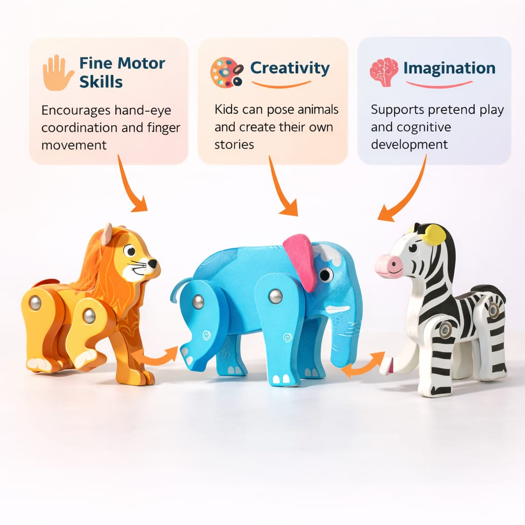 Wooden Animal Toys Set for Kids | Flexible Articulated Wooden Animals |Fine Motor Skills & Imaginative Play | Lion, Elephant, Dinosaur, Zebra, Hippo & More