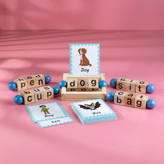 Wooden CVC Reading Blocks and Flashcards Set - Montessori Short Vowel Spelling Toy - Phonics Word Builder and Matching Game for Toddlers, Preschoolers, & Kindergarteners