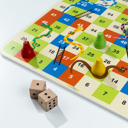 2-in-1 Wooden Board Game Set – Double-Sided Ludo & Snakes and Ladders Classic Family Game with Wooden Dice & Pawns