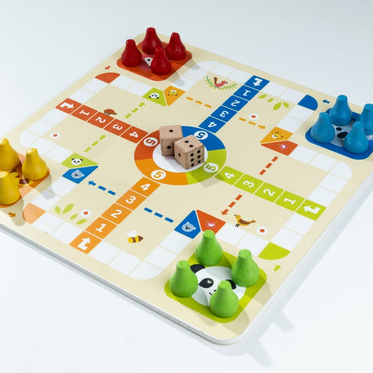 2-in-1 Wooden Board Game Set – Double-Sided Ludo & Snakes and Ladders Classic Family Game with Wooden Dice & Pawns
