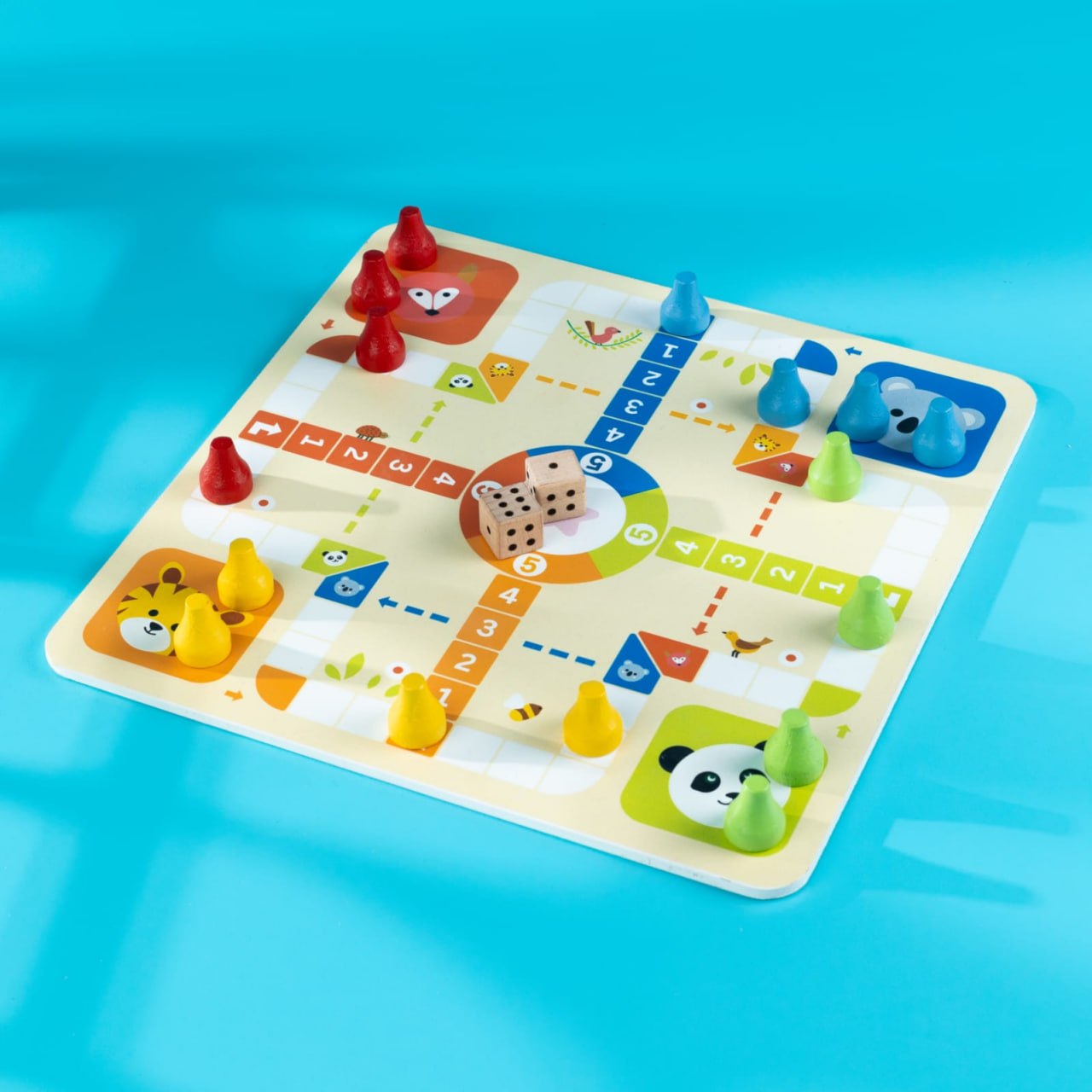 2-in-1 Wooden Board Game Set – Double-Sided Ludo & Snakes and Ladders Classic Family Game with Wooden Dice & Pawns