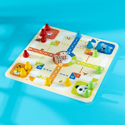 2-in-1 Wooden Board Game Set – Double-Sided Ludo & Snakes and Ladders Classic Family Game with Wooden Dice & Pawns