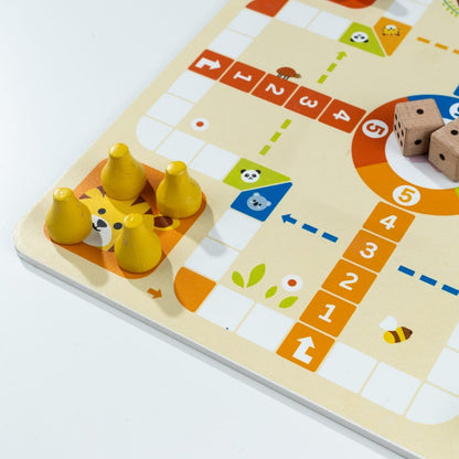 2-in-1 Wooden Board Game Set – Double-Sided Ludo & Snakes and Ladders Classic Family Game with Wooden Dice & Pawns
