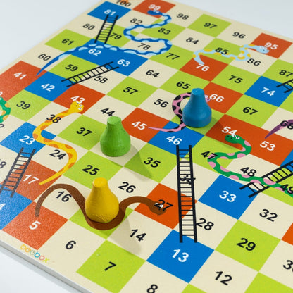 2-in-1 Wooden Board Game Set – Double-Sided Ludo & Snakes and Ladders Classic Family Game with Wooden Dice & Pawns