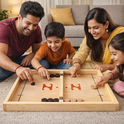 2-in-1 Wooden Game Board Set – Fast Sling Puck Game & Classic Chess Board with Wooden Pieces | Portable Folding Tabletop Game for Family Game Night, Kids, and Adults | Improves Focus & Coordination
