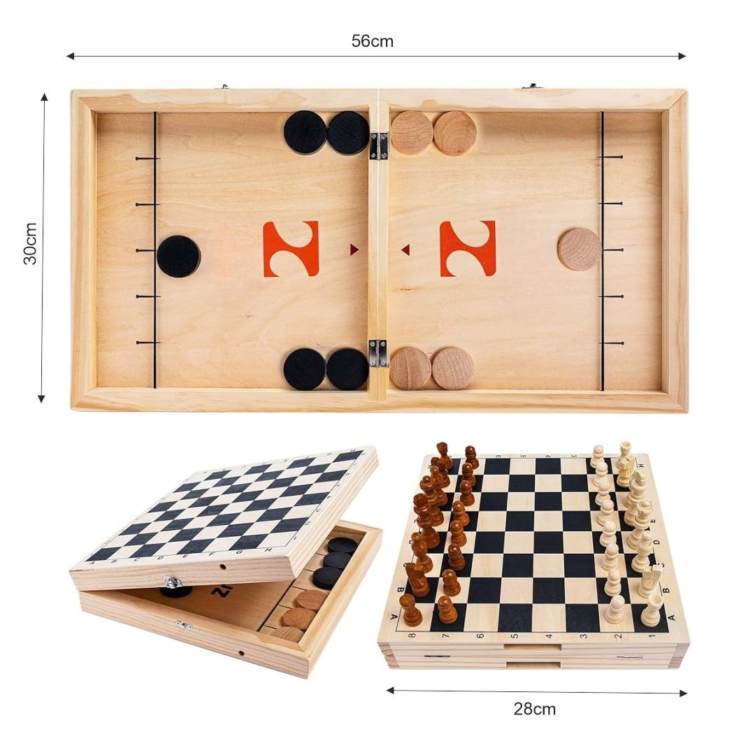 2-in-1 Wooden Game Board Set – Fast Sling Puck Game & Classic Chess Board with Wooden Pieces | Portable Folding Tabletop Game for Family Game Night, Kids, and Adults | Improves Focus & Coordination