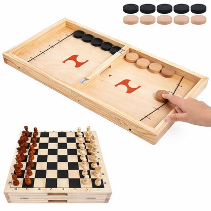 2-in-1 Wooden Game Board Set – Fast Sling Puck Game & Classic Chess Board with Wooden Pieces | Portable Folding Tabletop Game for Family Game Night, Kids, and Adults | Improves Focus & Coordination