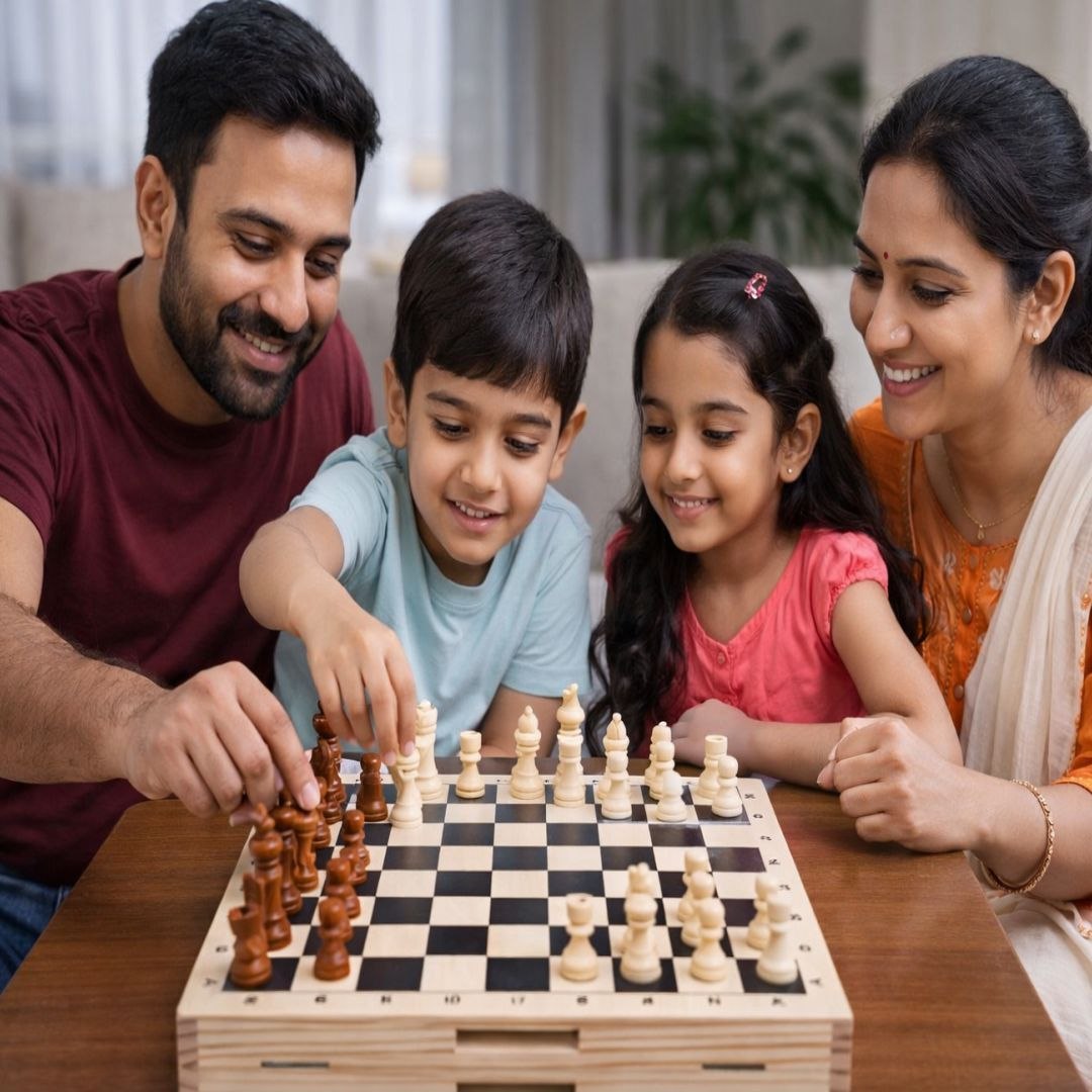 2-in-1 Wooden Game Board Set – Fast Sling Puck Game & Classic Chess Board with Wooden Pieces | Portable Folding Tabletop Game for Family Game Night, Kids, and Adults | Improves Focus & Coordination