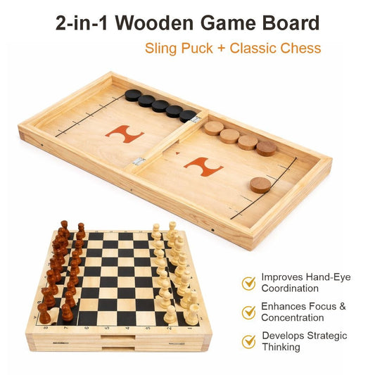 2-in-1 Wooden Game Board Set – Fast Sling Puck Game & Classic Chess Board with Wooden Pieces | Portable Folding Tabletop Game for Family Game Night, Kids, and Adults | Improves Focus & Coordination