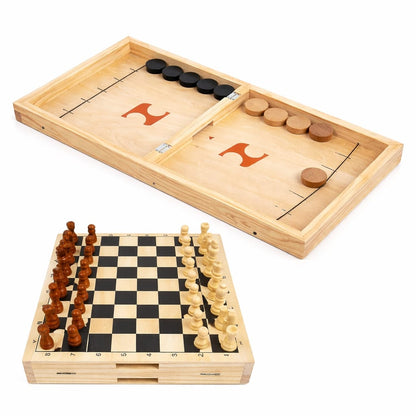 2-in-1 Wooden Game Board Set – Fast Sling Puck Game & Classic Chess Board with Wooden Pieces | Portable Folding Tabletop Game for Family Game Night, Kids, and Adults | Improves Focus & Coordination
