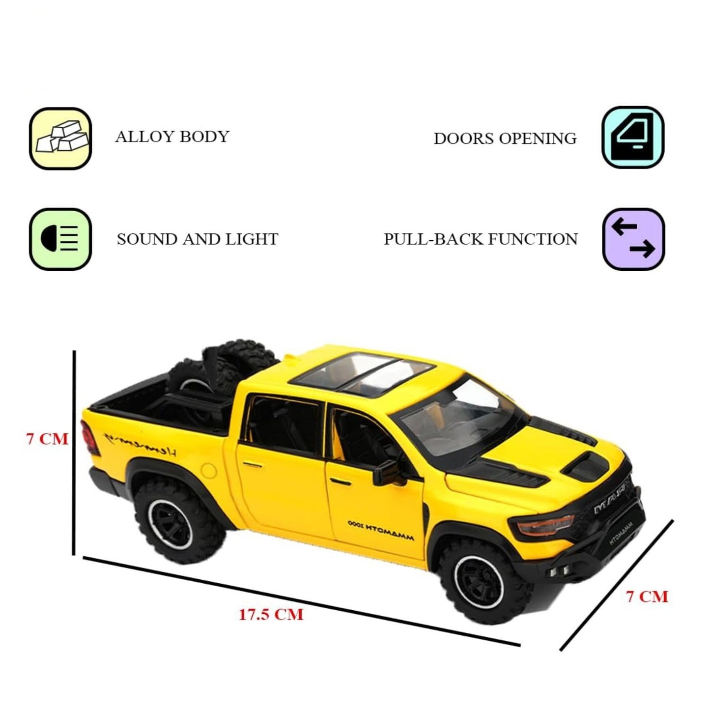 1:32 Scale Die Cast Pickup Truck Model Car with Opening Doors, Pull Back Action, Sound & Light, Metal Body Off-Road Collectible Toy for Kids & Adults