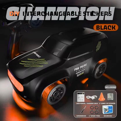 1:64 Mini RC Drift Car with Integrated Controller Storage Dome | 2.4GHz 4WD Micro Desktop Drifter, High-Speed Remote Control Car with LED Lights, Interchangable Drift Tires, Cones & Charging Cable for Kids and Adults