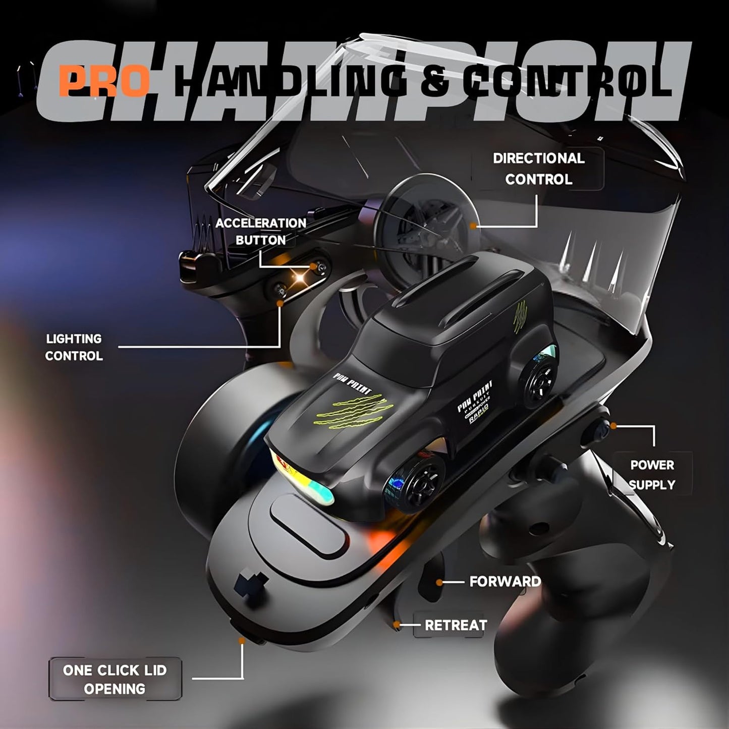 1:64 Mini RC Drift Car with Integrated Controller Storage Dome | 2.4GHz 4WD Micro Desktop Drifter, High-Speed Remote Control Car with LED Lights, Interchangable Drift Tires, Cones & Charging Cable for Kids and Adults