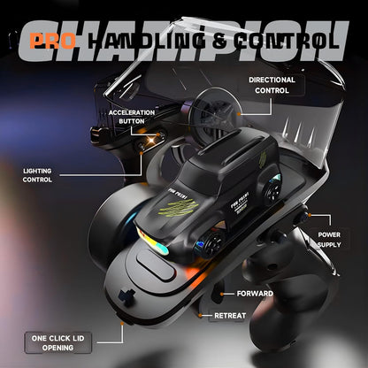 1:64 Mini RC Drift Car with Integrated Controller Storage Dome | 2.4GHz 4WD Micro Desktop Drifter, High-Speed Remote Control Car with LED Lights, Interchangable Drift Tires, Cones & Charging Cable for Kids and Adults