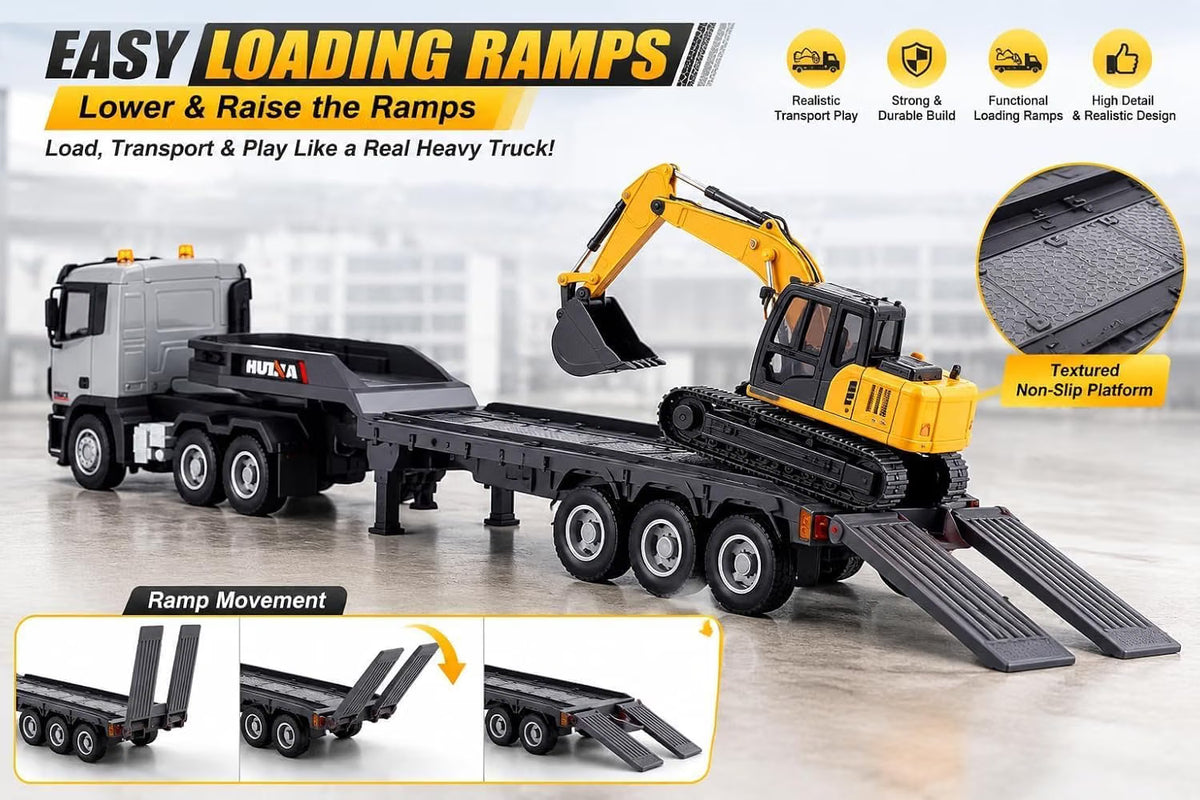 Huina 1318 9 Channel RC Truck with Trailer, 2.4GHz Remote Control, Lights & Sound, Full Function Toy Truck for Kids