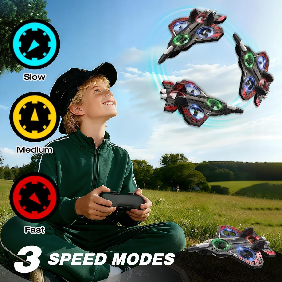 FLYMATE Foam Fighter Plane Toy with Dual Battery | Rechargeable Flying Glider Airplane for Kids | Hand Launch Foam Aircraft with LED Lights | Outdoor Indoor Fun Toy for Boys & Girls