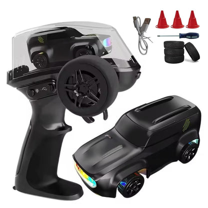 1:64 Mini RC Drift Car with Integrated Controller Storage Dome | 2.4GHz 4WD Micro Desktop Drifter, High-Speed Remote Control Car with LED Lights, Interchangable Drift Tires, Cones & Charging Cable for Kids and Adults