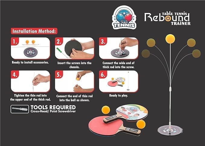 Table Tennis Rebound Trainer Set with 2 Paddles, 2 Balls & Adjustable Elastic Pole | Indoor Outdoor Ping Pong Practice Training Toy for Kids & Beginners