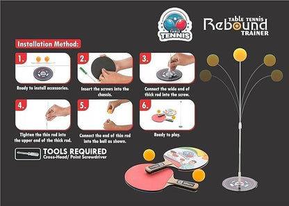 Table Tennis Rebound Trainer Set with 2 Paddles, 2 Balls & Adjustable Elastic Pole | Indoor Outdoor Ping Pong Practice Training Toy for Kids & Beginners