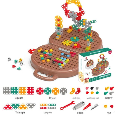 Kids STEM Take Apart Toy Drill Kit – 2-in-1 Mosaic Puzzle Pegboard & Creative Building Blocks Set with Electric Toy Drill, Bear Storage Case, Engineering Educational Toy for Boys & Girls Ages 3+