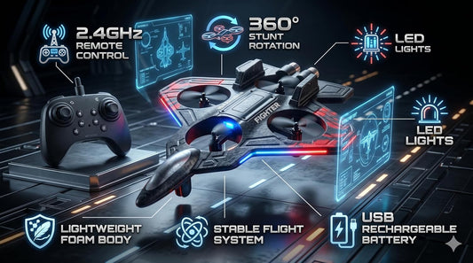 FLYMATE Foam Fighter Plane Toy with Dual Battery | Rechargeable Flying Glider Airplane for Kids | Hand Launch Foam Aircraft with LED Lights | Outdoor Indoor Fun Toy for Boys & Girls