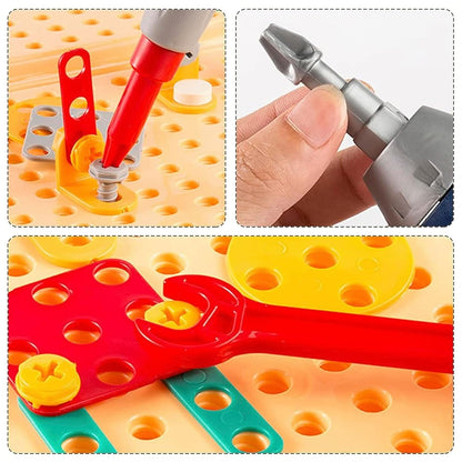 Kids STEM Take Apart Toy Drill Kit – 2-in-1 Mosaic Puzzle Pegboard & Creative Building Blocks Set with Electric Toy Drill, Bear Storage Case, Engineering Educational Toy for Boys & Girls Ages 3+