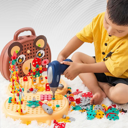 Kids STEM Take Apart Toy Drill Kit – 2-in-1 Mosaic Puzzle Pegboard & Creative Building Blocks Set with Electric Toy Drill, Bear Storage Case, Engineering Educational Toy for Boys & Girls Ages 3+