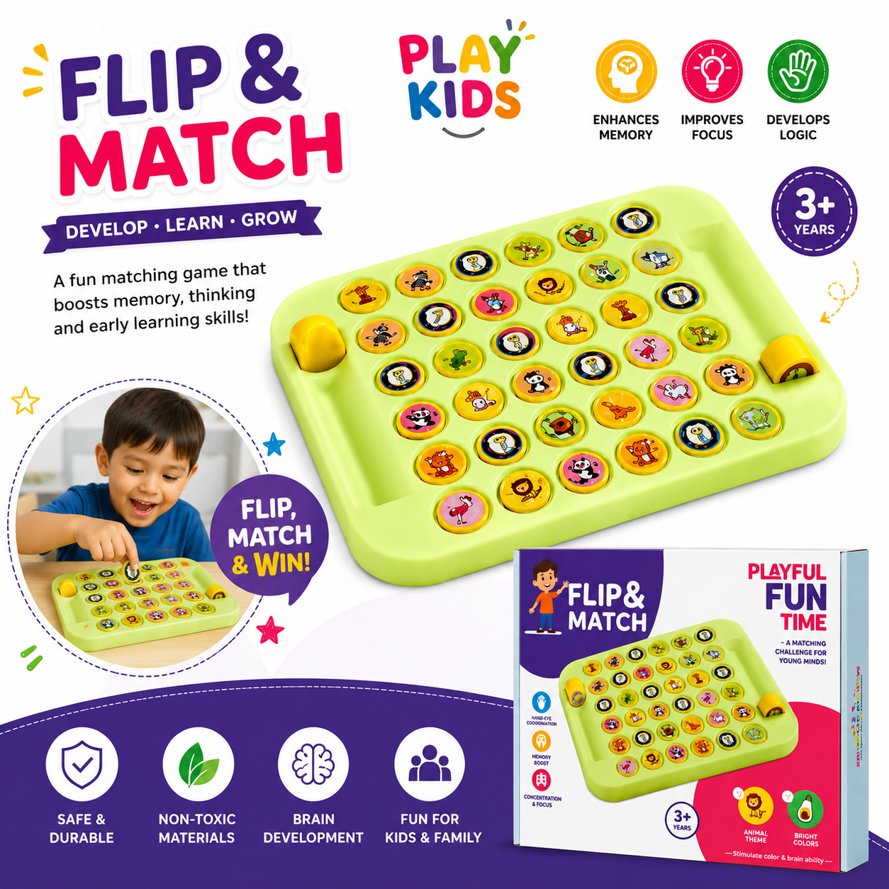 Flip & Match Memory Board Game for Kids 3+ Years | Educational Matching Game | Brain Development, Memory & Focus Training | Fun Family Learning Toy