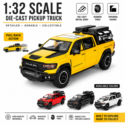 1:32 Scale Die Cast Pickup Truck Model Car with Opening Doors, Pull Back Action, Sound & Light, Metal Body Off-Road Collectible Toy for Kids & Adults