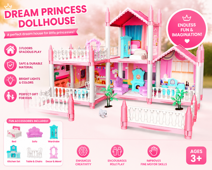 Kids Dream Princess Doll House Play Set with Furniture Accessories, Multi-Room Mansion Toy House for Girls, Educational Pretend Play Toy, Ages 3+ Years