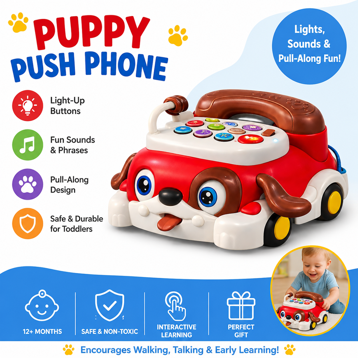Kids Puppy Push Phone Toy with Lights & Sounds | Pull Along Learning Toy for Toddlers | Interactive Educational Musical Phone Car | Early Development Toy for Boys & Girls 12+ Months