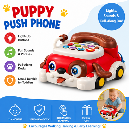 Kids Puppy Push Phone Toy with Lights & Sounds | Pull Along Learning Toy for Toddlers | Interactive Educational Musical Phone Car | Early Development Toy for Boys & Girls 12+ Months