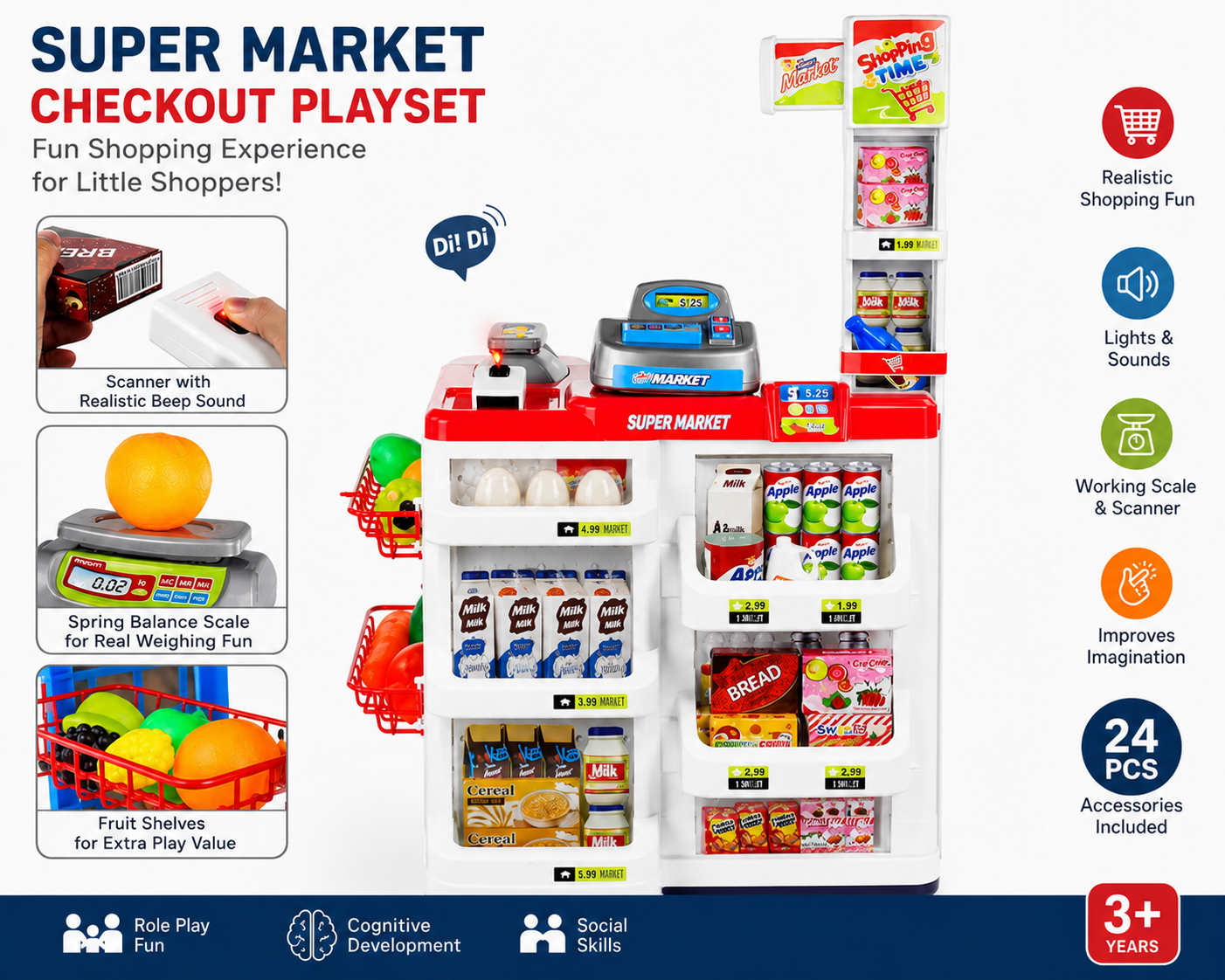 Kids Supermarket Checkout Playset with Scanner, Cash Register, Shopping Cart & Grocery Accessories | Pretend Play Toy for Boys & Girls | Educational Role Play Toy