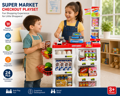 Kids Supermarket Checkout Playset with Scanner, Cash Register, Shopping Cart & Grocery Accessories | Pretend Play Toy for Boys & Girls | Educational Role Play Toy