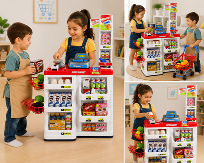 Kids Supermarket Checkout Playset with Scanner, Cash Register, Shopping Cart & Grocery Accessories | Pretend Play Toy for Boys & Girls | Educational Role Play Toy