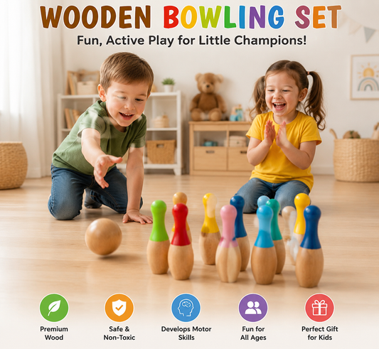 Handmade Wooden Bowling Set for Toddlers & Kids – 10 Colorful Wooden Skittles & 2 Balls | Montessori Educational Toy, Eco-Friendly Indoor & Outdoor Yard Game, Unique Kids Gift