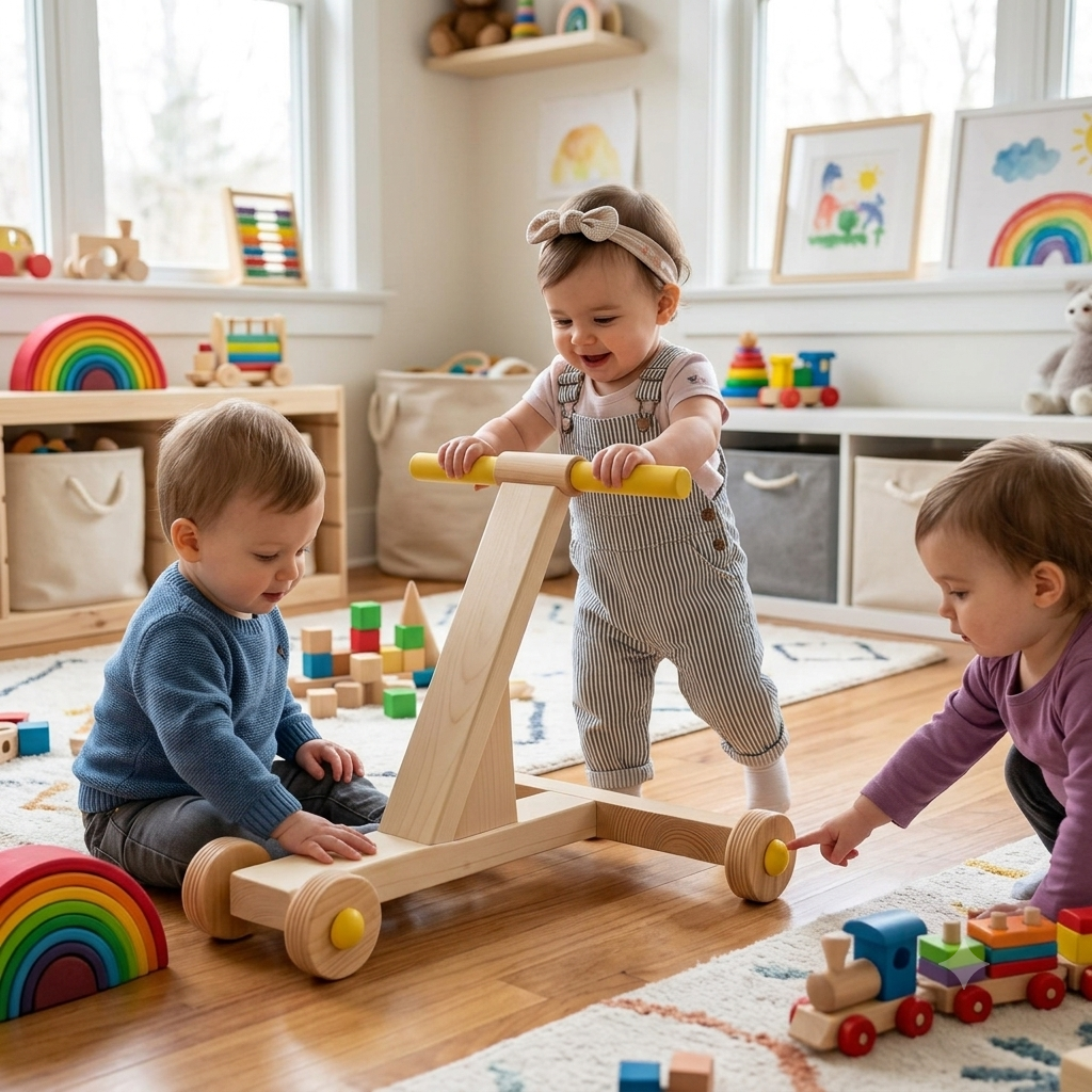 Premium Wooden Baby Walker for Toddlers – Wooden Push Toy to Promote Independent Walking, Balance, & Coordination – Smooth Eco-Friendly Wood Activity Walker for Infants and Boys & Girls