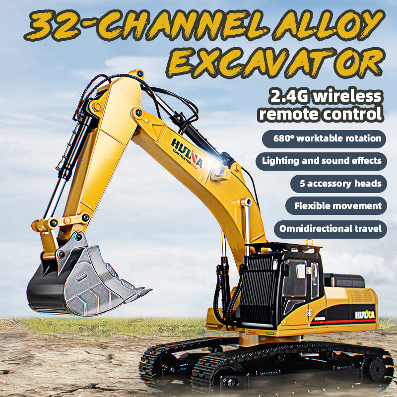 HUINA 1:14 Scale RC Excavator, 2.4G 32-Channel Wireless Remote Control Construction Toy with 680° Rotation & 5 Attachments
