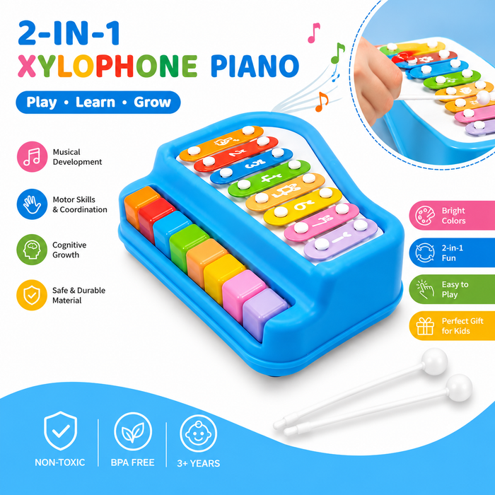 2-in-1 Kids Xylophone Piano Musical Toy with Mallets | Colorful Educational Music Instrument for Toddlers & Preschool Children | Early Learning Sound & Motor Skills Development Toy