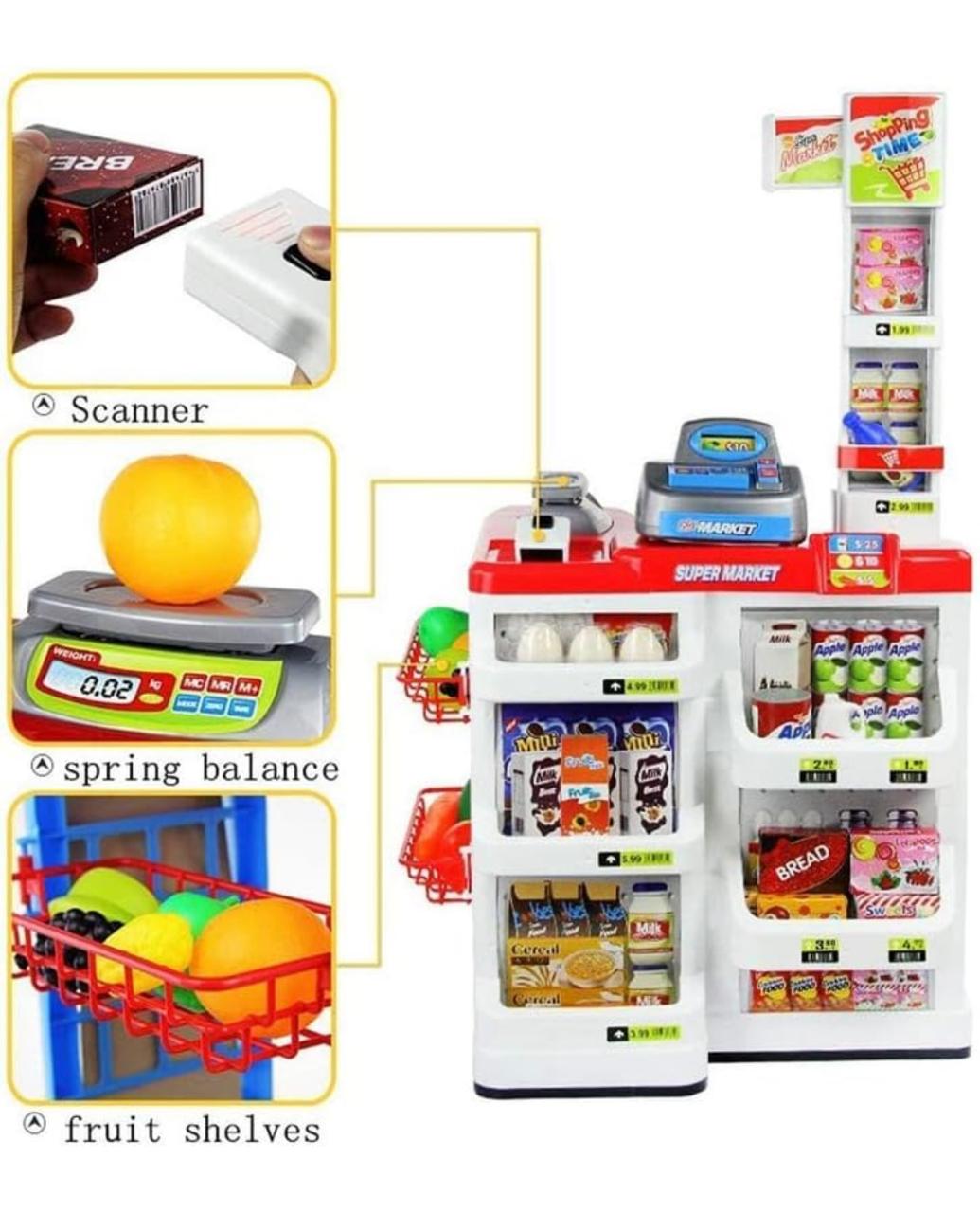 Kids Supermarket Checkout Playset with Scanner, Cash Register, Shopping Cart & Grocery Accessories | Pretend Play Toy for Boys & Girls | Educational Role Play Toy