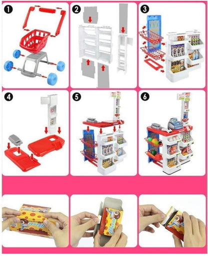 Kids Supermarket Checkout Playset with Scanner, Cash Register, Shopping Cart & Grocery Accessories | Pretend Play Toy for Boys & Girls | Educational Role Play Toy