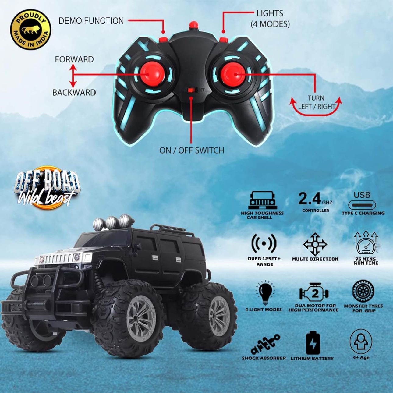 Off Roader Rechargeable Remote Control Car | 2.4GHz High-Speed RC Monster Truck with 4 LED Headlight Modes | All-Terrain SUV Toy Car with Type-C Charging & Smooth Suspension for Kids Boys & Girls And Adult (Hobby Grade)