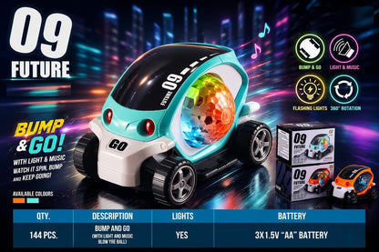 360° Rotating Bump & Go Toy Car with Colorful LED Lights and Transparent Gear Ball | Musical Action Car for Kids Boys & Girls