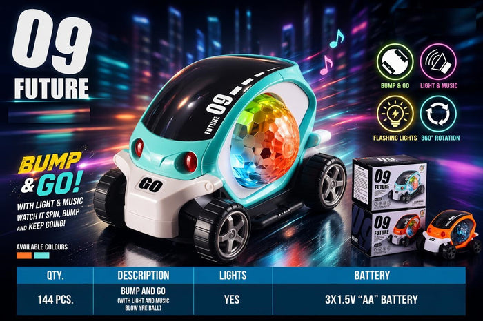 360° Rotating Bump & Go Toy Car with Colorful LED Lights and Transparent Gear Ball | Musical Action Car for Kids Boys & Girls