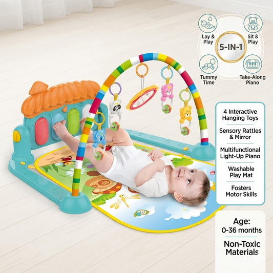 Baby Musical Activity Play Gym Mat with Hanging Toys, Piano Keyboard, Colorful Play Mat, Sensory Development, Tummy Time & Early Learning Activity Center for Infants and Newborn Babies