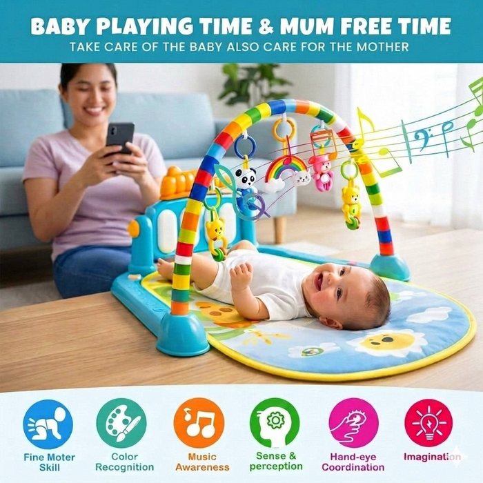 Baby Musical Activity Play Gym Mat with Hanging Toys, Piano Keyboard, Colorful Play Mat, Sensory Development, Tummy Time & Early Learning Activity Center for Infants and Newborn Babies