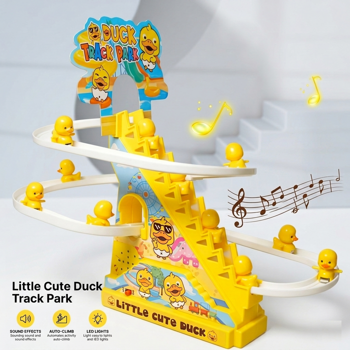 Little Cute Duck Track Park Automatic Climbing Duck Toy with Music & LED Lights | Battery Operated Duck Stair Climbing Track Toy for Kids