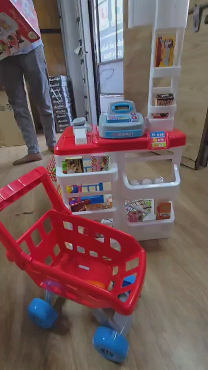Kids Supermarket Checkout Playset with Scanner, Cash Register, Shopping Cart & Grocery Accessories | Pretend Play Toy for Boys & Girls | Educational Role Play Toy